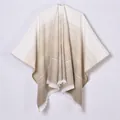 Detail view of the fine fringe hem and gradient stripe pattern on the pashmina shawl - Tops / 135x155cm / Gradient Khaki