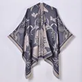 Navy blue and grey floral jacquard pashmina shawl with tassels for travel and styling - 135cmx155cm / Navy Blue