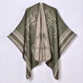 Detail of olive green and beige cashmere shawl with classic equestrian horse pattern - Green Knight Pattern / 130x150cm