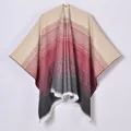 Knit shawl cloak with gradient stripes, fringe edges, and high-quality cashmere-like texture - Tops / 135x155cm / Ombre Wine Red
