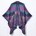 Damen Vintage-Strickschal Poncho mit lila-türkisem geometrischem Ethno-Muster - Zickzack-Polygon Lila