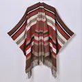 Vintage bohemian style fringe poncho with geometric patterns in warm brown tones - Coffee & Red Stripes