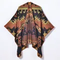 Böhmischer Strickponcho mit geometrischem Jacquard-Muster und modischem offenem Design - Zickzack-Polygon Schwarz Gelb