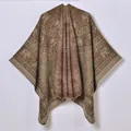 Ethnic vintage thick knit poncho for women with elephant patterns and geometric motifs - 130x150 / Coffee