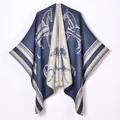 Reversible faux cashmere shawl cape with horse pattern and navy blue stripe design - Navy Knight Pattern / 130x150cm