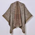 Close-up of thick jacquard knit poncho with brown retro ethnic patterns and stitching - 130x150 / Khaki
