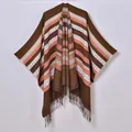 Bohemian knit shawl wrap with orange stripes, geometric patterns and tassel details - Pink and Coffee Stripes