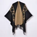 Women's knit poncho wrap with black and camel geometric jacquard and fringe details - Camel Black Geometric