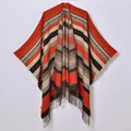 Ethnic style knit shawl poncho with geometric patterns and fringe tassels in warm colors - Orange & Gray Stripes