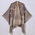 Detailed view of horse jacquard pattern and woven texture on this vintage knit poncho - Horse And Belt Pattern / Light Purple