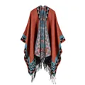 Women boho knit poncho shawl in rust red with geometric tribal patterns and tassels - Orange Rhombus Tassel