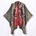 Knitted vintage shawl poncho in burgundy and black with traditional jacquard patterns - One Size / Robe / Chinese Koi