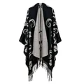 Women's knit shawl in black and grey jacquard with floral patterns and tassels - Black Taiji Flower