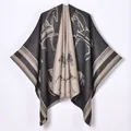 Gray and beige reversible shawl featuring equestrian horse motif and striped border - Camel Knight Pattern / 130x150cm
