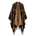 Women's jacquard shawl with brown floral patterns and black fringe accents - Coffee Taiji Flower