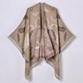 Vintage beige and brown floral jacquard travel poncho cape with fringe details - 135cmx155cm / Khaki