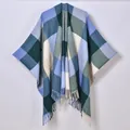 Classic oversized plaid shawl with deep green and blue checkered pattern and tassels - Blue Wavy Plaid