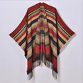 Elegant Nepal style striped winter poncho shawl with tassels in vibrant colorful pattern - Red & Yellow Stripes