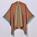 Vintage bohemian knitted poncho with orange and blue elephant totem patterns - 130x150 / Orange