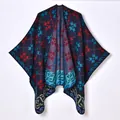 Ethnic knit poncho featuring colorful star jacquard patterns and warm fringe details - Maple Leaf Plaid Navy / Navy Blue
