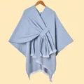 Detailed close-up of light blue knit shawl featuring white fringe trim and texture - White Beard With Stripes Light Blue-gray / 130x150cm