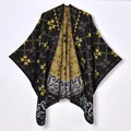 Thick knit bohemian poncho with yellow geometric patterns on black fabric - Maple Leaf Plaid Black Camel / Black