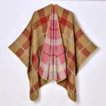 Women's vintage plaid poncho cape in ginger and red oversized warm knit wrap - Red Yellow Plaid