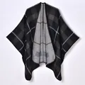Women's vintage plaid knit poncho cape with classic grey check pattern for autumn - Black-Grey Plaid