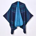 Women's vintage oversized knitted poncho cape with blue leaf patterns for winter - Navy Blue