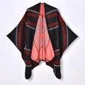 Vintage red and black knitted reversible poncho cape with geometric jacquard patterns - Black Red