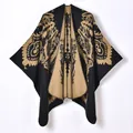 Women's vintage jacquard thick warm poncho with bohemian floral totem patterns - 130x150cm / Camel Black