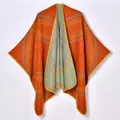 Women's reversible orange and blue jacquard knit shawl with vintage geometric patterns - Orange