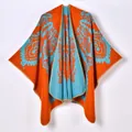 Vintage paisley jacquard poncho shawl for women in bright orange and blue knit design - 130x150cm / Orange