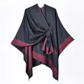 Elegant women's split poncho shawl in deep grey and burgundy with tie-waist strap - Black Red Patchwork