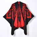 Vintage red and black totem jacquard knit poncho cape with thick warm winter fabric - 130x150cm / Red Black