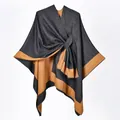 Women's split cape shawl in dark grey and camel faux cashmere color block design - Black Yellow Patchwork