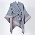Women's split cape shawl in gray with pink-purple edges and knotted front detail - Light Gray Pink