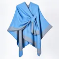 Women's split cape shawl in bright blue and dark grey with metal buckle strap - Lake Blue Patchwork