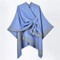 Grey-blue and grey split reversible knit shawl poncho with buckled side detail - Sky Blue Multi