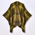 Plaid knitted poncho wrap in olive green and mustard yellow for autumn winter style - Yellow and Green Plaid