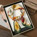 Luxury faux silk square scarf with vintage equestrian horse print in yellow and green - Hat and Horse
