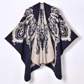 Navy blue knitted poncho with vintage beige floral paisley patterns for women - 130x150cm / Navy Blue