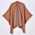 Knit shawl wrap for women with orange and grey-blue geometric jacquard pattern - Tops / 135x155cm / Orange and Blue