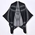 Women's retro knit poncho in black and white jacquard pattern with cozy split cardigan style - Black and Gray