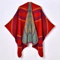 Red knit poncho shawl with blue geometric patterns and warm jacquard fabric - Red