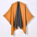 Women's reversible cashmere-feel poncho shawl in ginger yellow and charcoal grey knit - Yellow and Black
