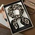Elegant 70cm square silk scarf with gold chain pattern on black, presented in gift box - 70x70cm / Black Gold Greek Key