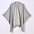 Grey and beige reversible split front poncho cape in soft cashmere-like knit fabric - Gray