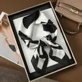 French style silk scarf with black and white camellia pattern displayed on a tray - Black and White Large Camellia / 70x70cm