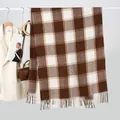 Classic plaid cashmere-feel scarf in brown and beige with fringe, winter warm style - One Size / Coffee
